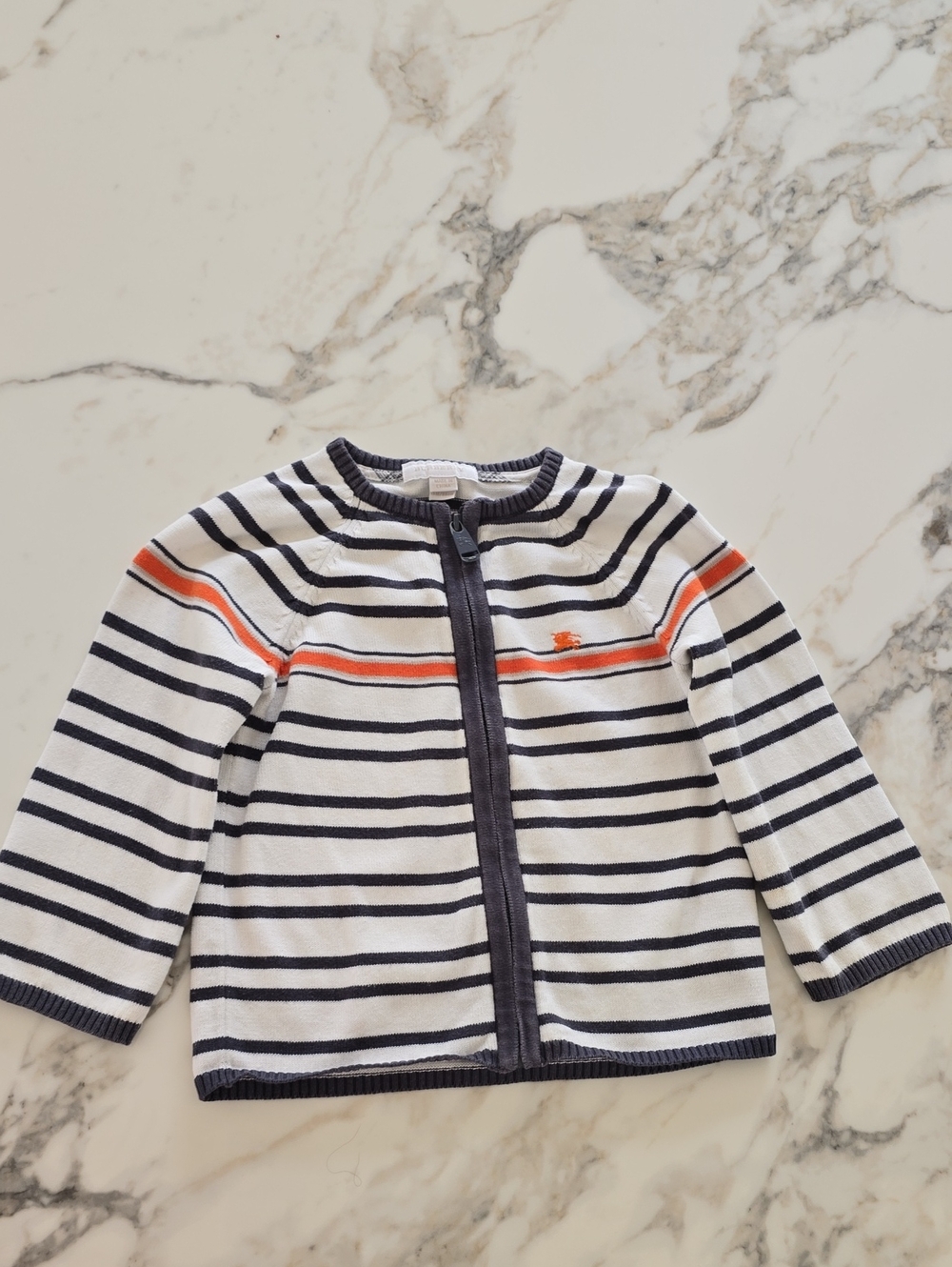 Burberry White Navy Striped Zip Cardigan with Orange Stripe